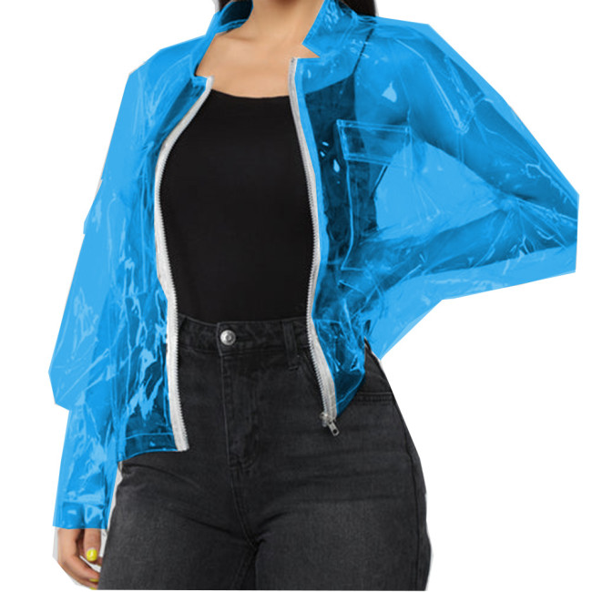 PVC Leather See-through Jacket With Packet Sexy Transparency Lapel Neck Front Zip Perspective Short Coat Party Club Costumes 7XL