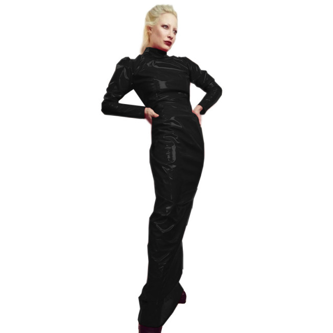 Women Sexy PVC Leather Bodycon Maxi Dress Vintage Turtleneck Long Sleeve Slim Maxi Dress Glossy Faux Latex Ankle Length Dresses