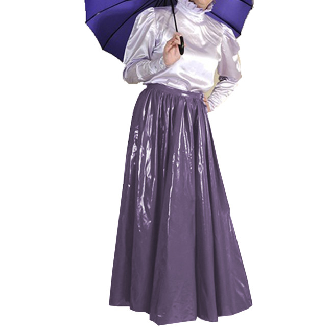 Wet Look Elegant PVC Leather Maxi Skirts Floor Length High Waist Loose Pleated Swing Skirt Latex Look Office Lady Costume 7XL