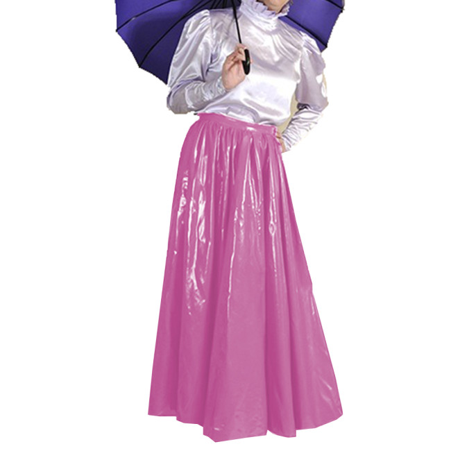 Wet Look Elegant PVC Leather Maxi Skirts Floor Length High Waist Loose Pleated Swing Skirt Latex Look Office Lady Costume 7XL