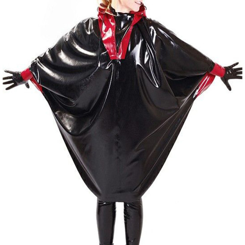 Vestidos Wetlook PVC Leather Hooded Zip Loose Dress Black Patchwork Batwing Long Sleeve Women Faux Latex Club Party Costume 7XL