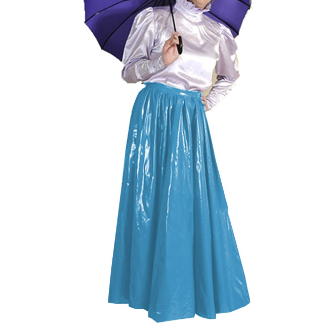 Wet Look Elegant PVC Leather Maxi Skirts Floor Length High Waist Loose Pleated Swing Skirt Latex Look Office Lady Costume 7XL