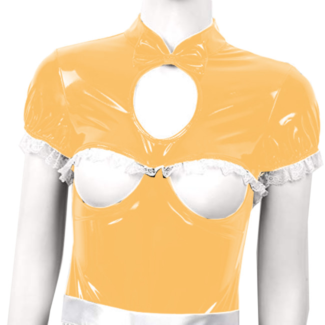Novelty Glossy PVC Ladies Bowknot Collar Sexy Short Sleeved Tight Fitting Hollow Out Lace Open Chest Sexy Blouse Vest Summer 7XL