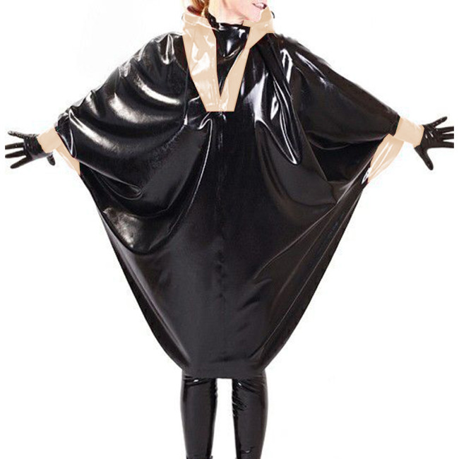 Vestidos Wetlook PVC Leather Hooded Zip Loose Dress Black Patchwork Batwing Long Sleeve Women Faux Latex Club Party Costume 7XL