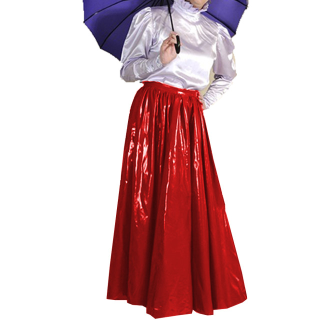 Wet Look Elegant PVC Leather Maxi Skirts Floor Length High Waist Loose Pleated Swing Skirt Latex Look Office Lady Costume 7XL