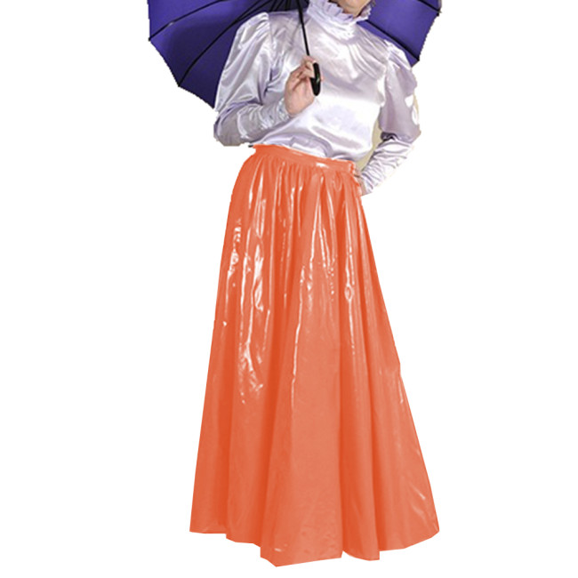 Wet Look Elegant PVC Leather Maxi Skirts Floor Length High Waist Loose Pleated Swing Skirt Latex Look Office Lady Costume 7XL