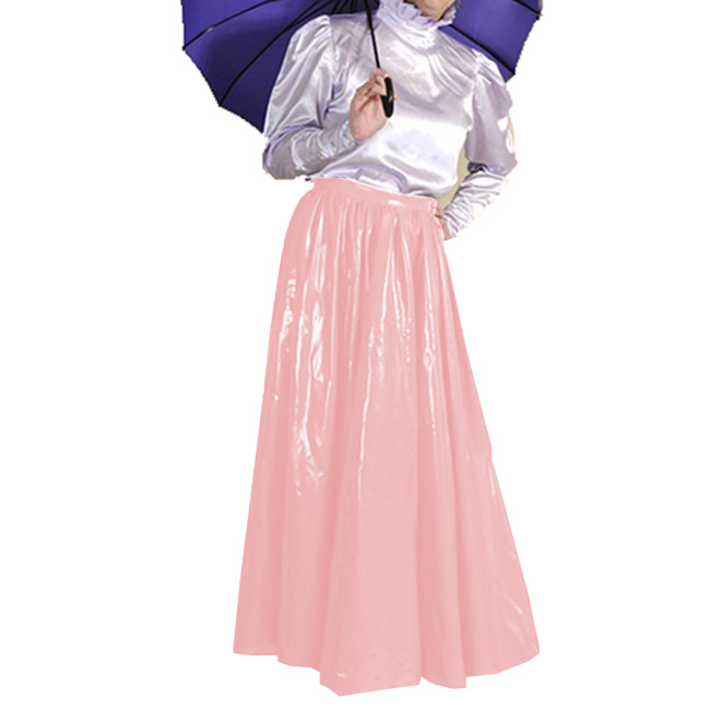 Wet Look Elegant PVC Leather Maxi Skirts Floor Length High Waist Loose Pleated Swing Skirt Latex Look Office Lady Costume 7XL