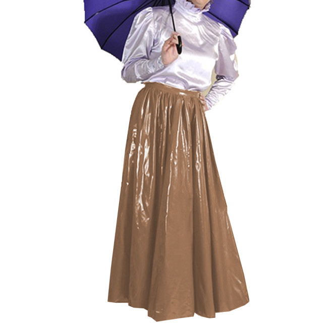 Wet Look Elegant PVC Leather Maxi Skirts Floor Length High Waist Loose Pleated Swing Skirt Latex Look Office Lady Costume 7XL