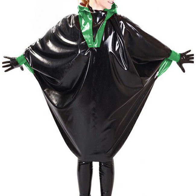 Vestidos Wetlook PVC Leather Hooded Zip Loose Dress Black Patchwork Batwing Long Sleeve Women Faux Latex Club Party Costume 7XL