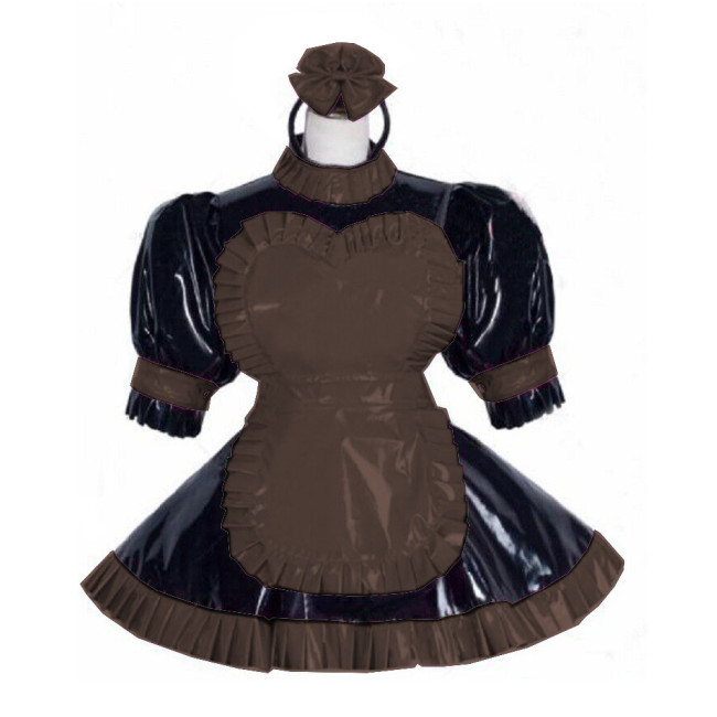 Fantasy Sissy Lockable Maid Uniforms Sweet Heart Apron Headband Fluffy Puff Sleeve Mini Maid Dress Shiny PVC Cosplay Costume
