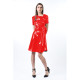 Womens Elegant Faux PVC Leather Dress Short Sleeve Slant Neck European Knee Length Dres with Big Bow Belt Office Ladies Dress
