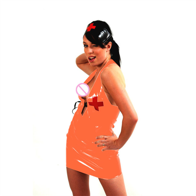 Sexy Women Nurse Exotic Sheath Halter Deep V Neck Mini Dress Lace Up Dress Halloween Cosplay Costume Themed Party Uniform 7XL