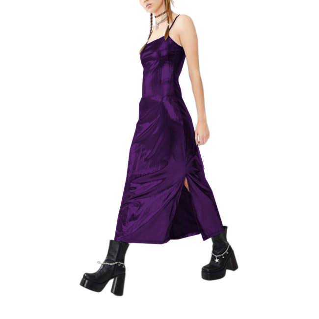 Sexy Spaghetti Strap Summer Dress Women Metallic Shiny Sleeveless Slim Midi Dress Fashion Streetsetter Sparkling Dress Clubwear