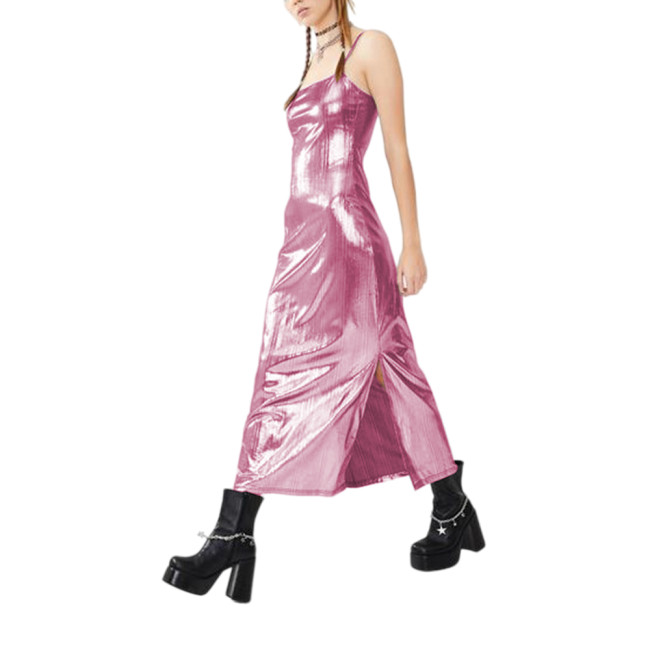 Sexy Spaghetti Strap Summer Dress Women Metallic Shiny Sleeveless Slim Midi Dress Fashion Streetsetter Sparkling Dress Clubwear