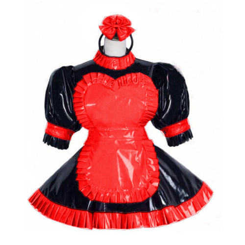 Fantasy Sissy Lockable Maid Uniforms Sweet Heart Apron Headband Fluffy Puff Sleeve Mini Maid Dress Shiny PVC Cosplay Costume