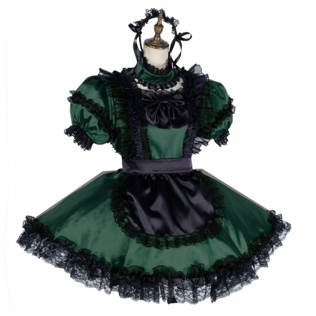 Sissy Black Lace Lockable Maid Dress Uniform Short Puff Sleeve Satin Exotic Maid Dress with Apron Sexy Cosplay Costume Dress
