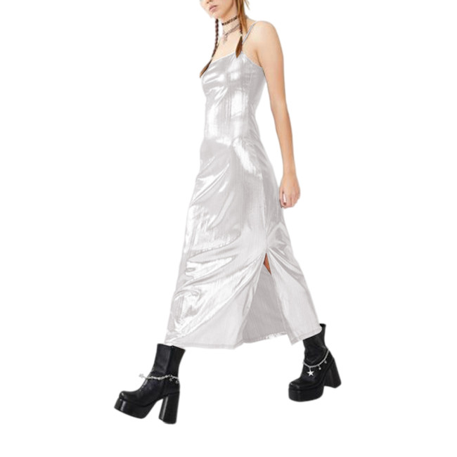 Sexy Spaghetti Strap Summer Dress Women Metallic Shiny Sleeveless Slim Midi Dress Fashion Streetsetter Sparkling Dress Clubwear