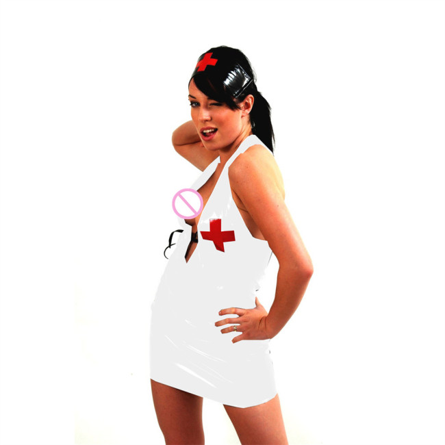 Sexy Women Nurse Exotic Sheath Halter Deep V Neck Mini Dress Lace Up Dress Halloween Cosplay Costume Themed Party Uniform 7XL