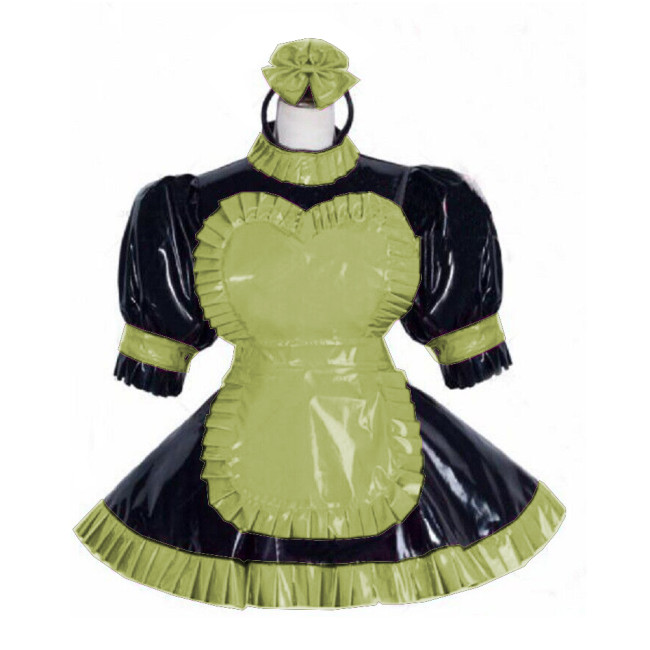 Fantasy Sissy Lockable Maid Uniforms Sweet Heart Apron Headband Fluffy Puff Sleeve Mini Maid Dress Shiny PVC Cosplay Costume
