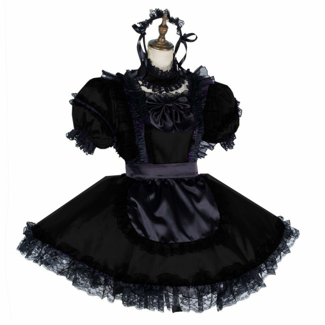 Sissy Black Lace Lockable Maid Dress Uniform Short Puff Sleeve Satin Exotic Maid Dress with Apron Sexy Cosplay Costume Dress