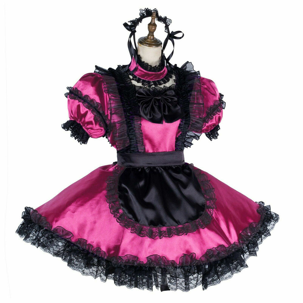 Sissy Black Lace Lockable Maid Dress Uniform Short Puff Sleeve Satin Exotic Maid  Dress with Apron