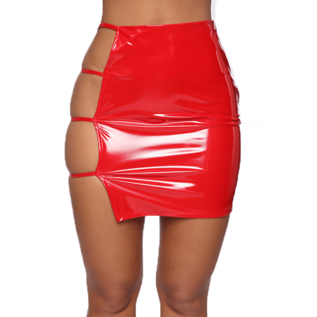 Sexy PVC High Waist Skinny Mini Skirt Side Hollow Out Strappy Skirts Club Party Women Gothic Slim Pencil Leather Skirt Kawaii