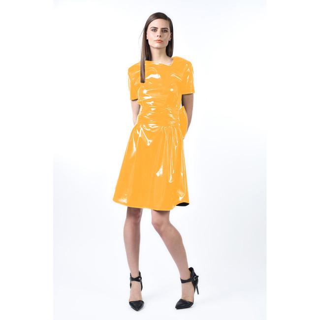 Womens Elegant Faux PVC Leather Dress Short Sleeve Slant Neck European Knee Length Dres with Big Bow Belt Office Ladies Dress