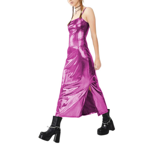 Sexy Spaghetti Strap Summer Dress Women Metallic Shiny Sleeveless Slim Midi Dress Fashion Streetsetter Sparkling Dress Clubwear
