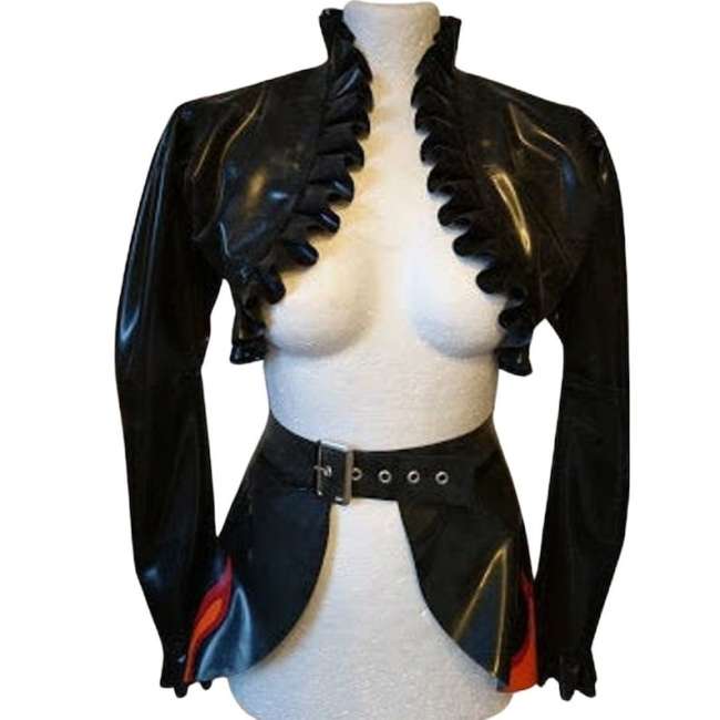 Sexy Women Short Coat Wetlook Laciness PVC Leather Long Sleeve Open Chest Jacket Lace Collar Gothic Coat Clothes Elegance 7XL