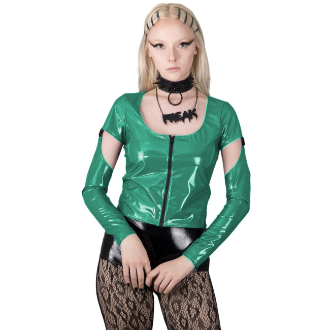 Shinny PVC Round Neck Hollow Out Long Sleeve Short Tops Front Zip Blouse Slim Shirt Tops Leather Jacket Women Sexy Club Summer