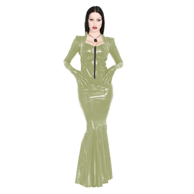 Fetish PVC Bodycon Floor-length Mermaid Dress Night Party Club Outfits Gloved Square Collar Zipper Faux Latex Dress Trumpet Gown