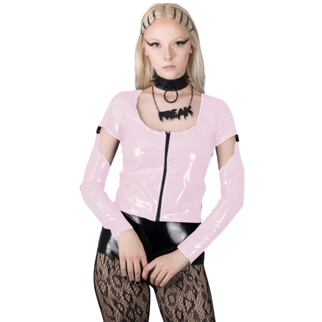 Shinny PVC Round Neck Hollow Out Long Sleeve Short Tops Front Zip Blouse Slim Shirt Tops Leather Jacket Women Sexy Club Summer