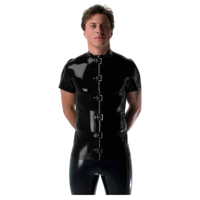 Gothic Punk Mens Latex Look T-shirt Coat Shiny PVC Leather Zipper with Buckles T-Shirts Club Costume Male Streetwear Jacket Tops