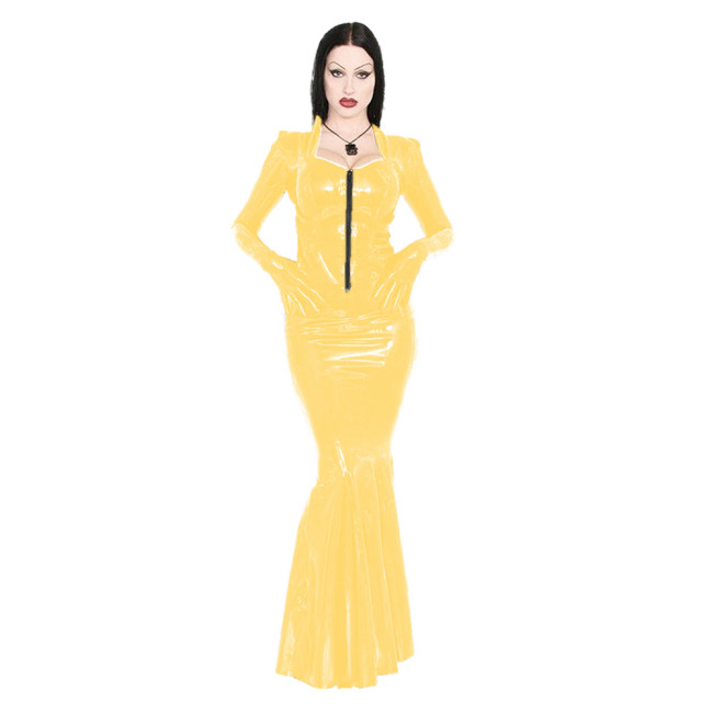 Fetish PVC Bodycon Floor-length Mermaid Dress Night Party Club Outfits Gloved Square Collar Zipper Faux Latex Dress Trumpet Gown