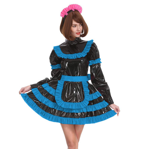Sissy Lockable Pleated A-line Maid Dress Glossy PVC Leather Turtleneck Frills Apron Mini Maid Dress Servant Role Play Outfits