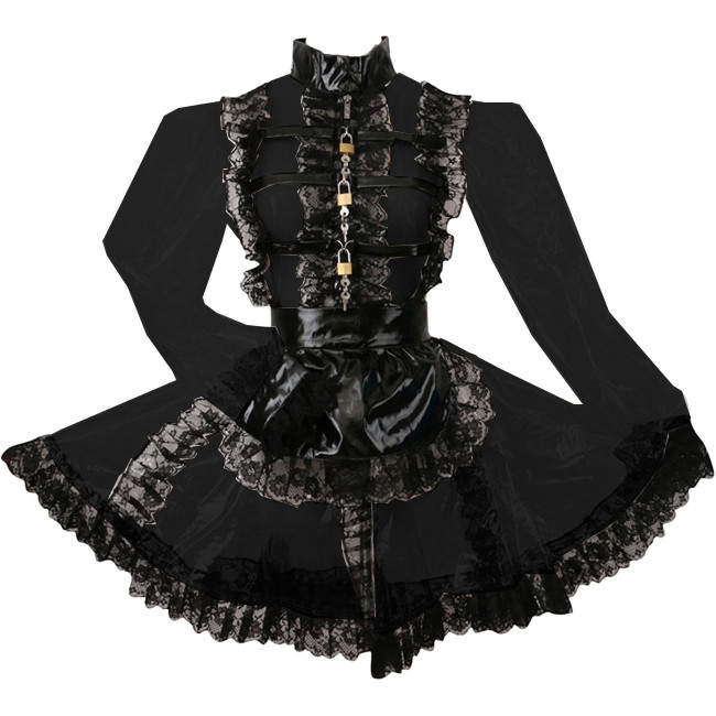 Sissy Lockable Sexy PVC Clear Long Sleeve Turtleneck Lace Frills Perspective Maid Dress With Black Apron Uniform Servant Cosplay