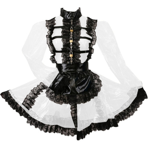 Sissy Lockable Sexy PVC Clear Long Sleeve Turtleneck Lace Frills Perspective Maid Dress With Black Apron Uniform Servant Cosplay