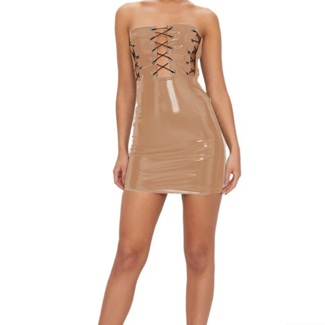 Punk Wetlook PVC Sexy Sleeveless Lace-up Sheath Mini Dress Hollow Out Tube Top Bodycon Slim Pencil Dress Party Clubwear Gothic