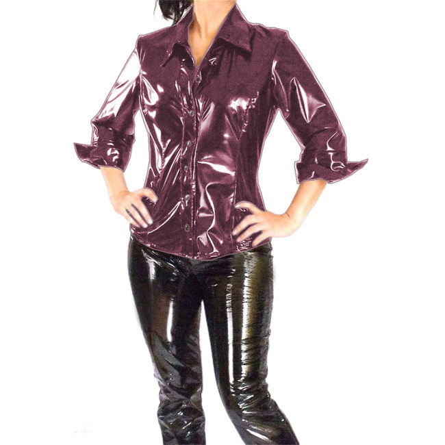 Wet Look Glossy Leather Button Womens Shirt Turn-down Collar Long Sleeve Shiny PVC Blouse Casual Lady Top Exotic Office Costumes