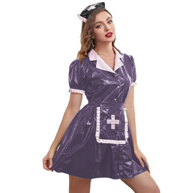 Exotic Fetish PVC Nurse Uniforms With Apron Shiny Faux Leather Notch-lapel Collar Mini Dress Women Naughty Nurse Cosplay Outfit