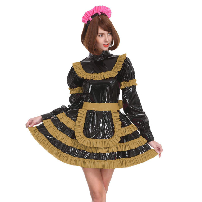 Sissy Lockable Pleated A-line Maid Dress Glossy PVC Leather Turtleneck Frills Apron Mini Maid Dress Servant Role Play Outfits