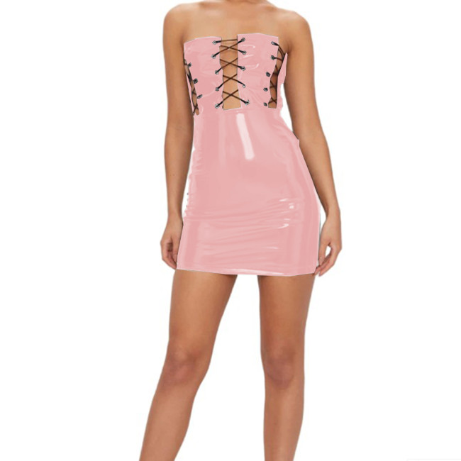 Punk Wetlook PVC Sexy Sleeveless Lace-up Sheath Mini Dress Hollow Out Tube Top Bodycon Slim Pencil Dress Party Clubwear Gothic