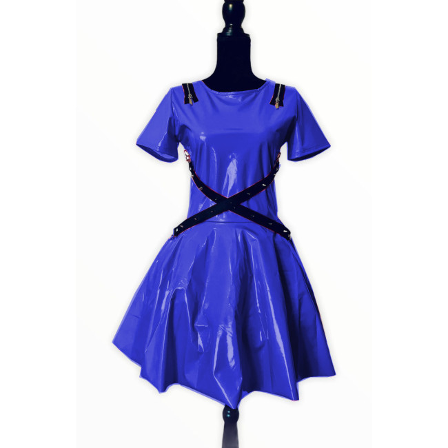 Sexy Unisex Wet Look Vinyl PVC Leather Zipper Rivet Straps Crossover Short Sleeve Fit and Flare Mini Dress Punk Night Clubwear