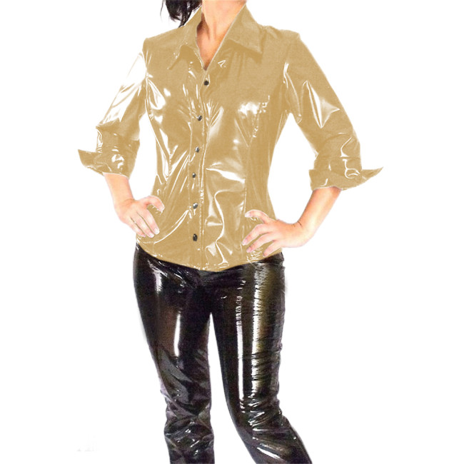Wet Look Glossy Leather Button Womens Shirt Turn-down Collar Long Sleeve Shiny PVC Blouse Casual Lady Top Exotic Office Costumes