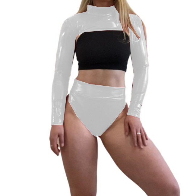 Wetlook PVC Sexy Long Sleeve High Neck Navel Crop Top and High Waist Panty Shorts Women 2 pieces Set Underpants Cosplay Lingerie