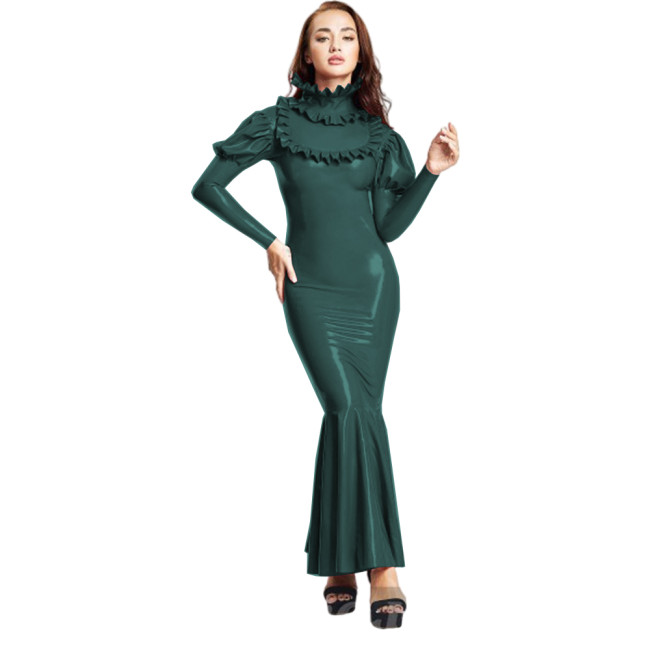 Evening Gown Faux Latex Ruffle Long Dress Floor-length Women's PVC Maxi Dress Cocktail Party Club Pleated Skinny Mermaid Dresses