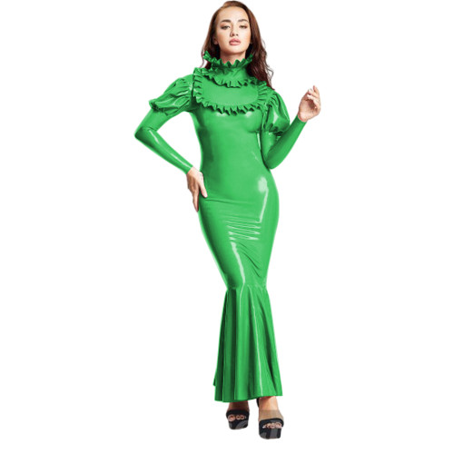 Evening Gown Faux Latex Ruffle Long Dress Floor-length Women's PVC Maxi Dress Cocktail Party Club Pleated Skinny Mermaid Dresses