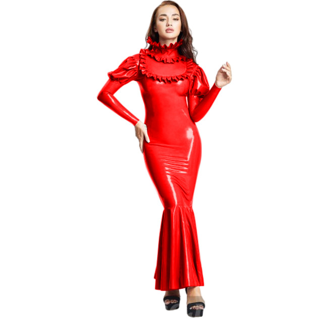Evening Gown Faux Latex Ruffle Long Dress Floor-length Women's PVC Maxi Dress Cocktail Party Club Pleated Skinny Mermaid Dresses