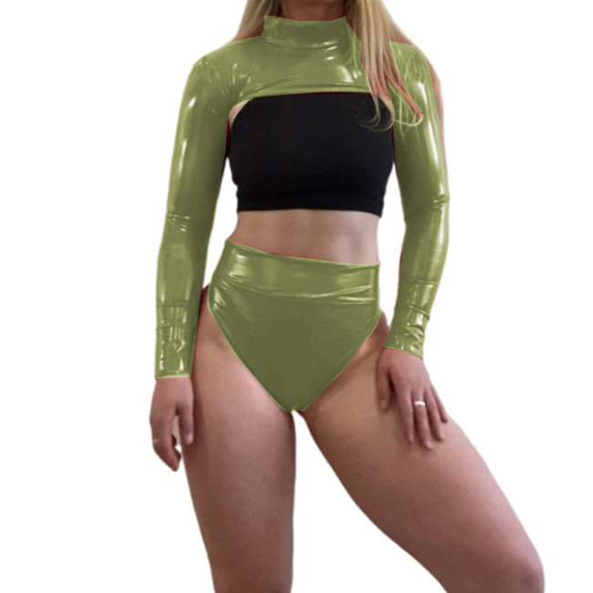 Wetlook PVC Sexy Long Sleeve High Neck Navel Crop Top and High Waist Panty Shorts Women 2 pieces Set Underpants Cosplay Lingerie