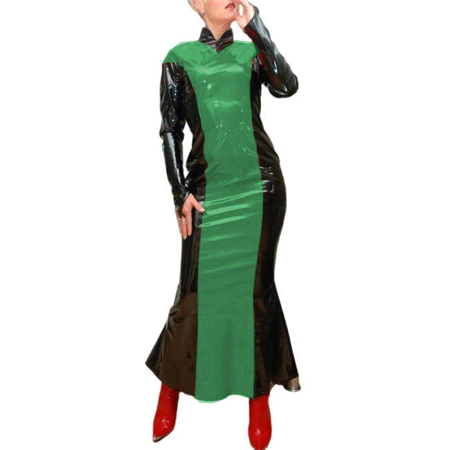 Women High Collar Skinny Patchwork Leather PVC Bodycon Sexy Long Dress Long Sleeve Slim Sheath Dress Mermaid Pencil Dress Party